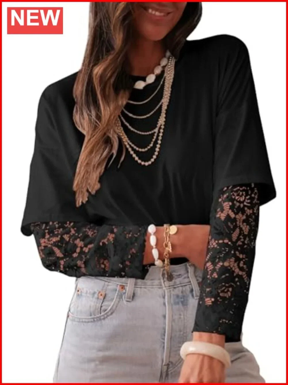LOLONG Long Sleeve Lace Patchwork Crew Neck Casual T-Shirt Top